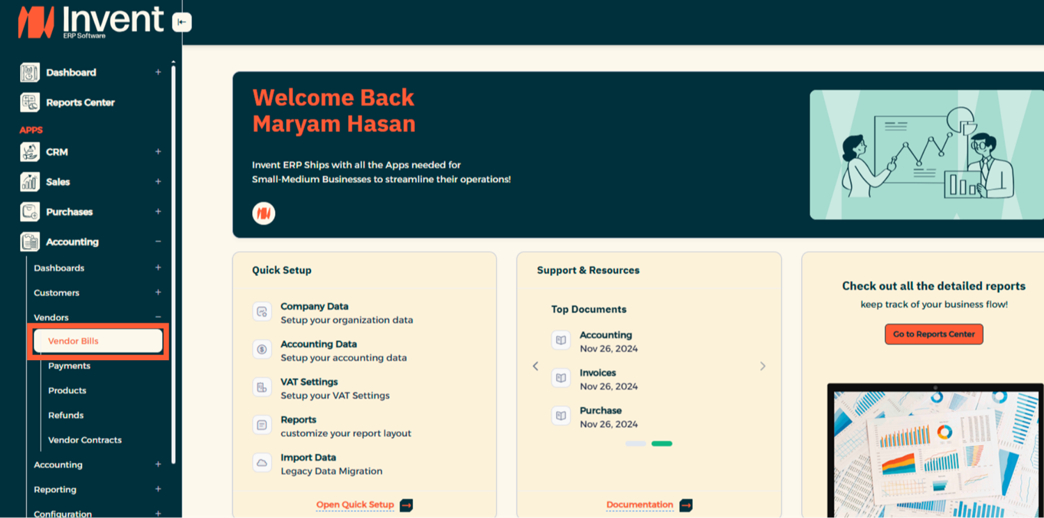 Step 1 - Navigate to Vendor Bills